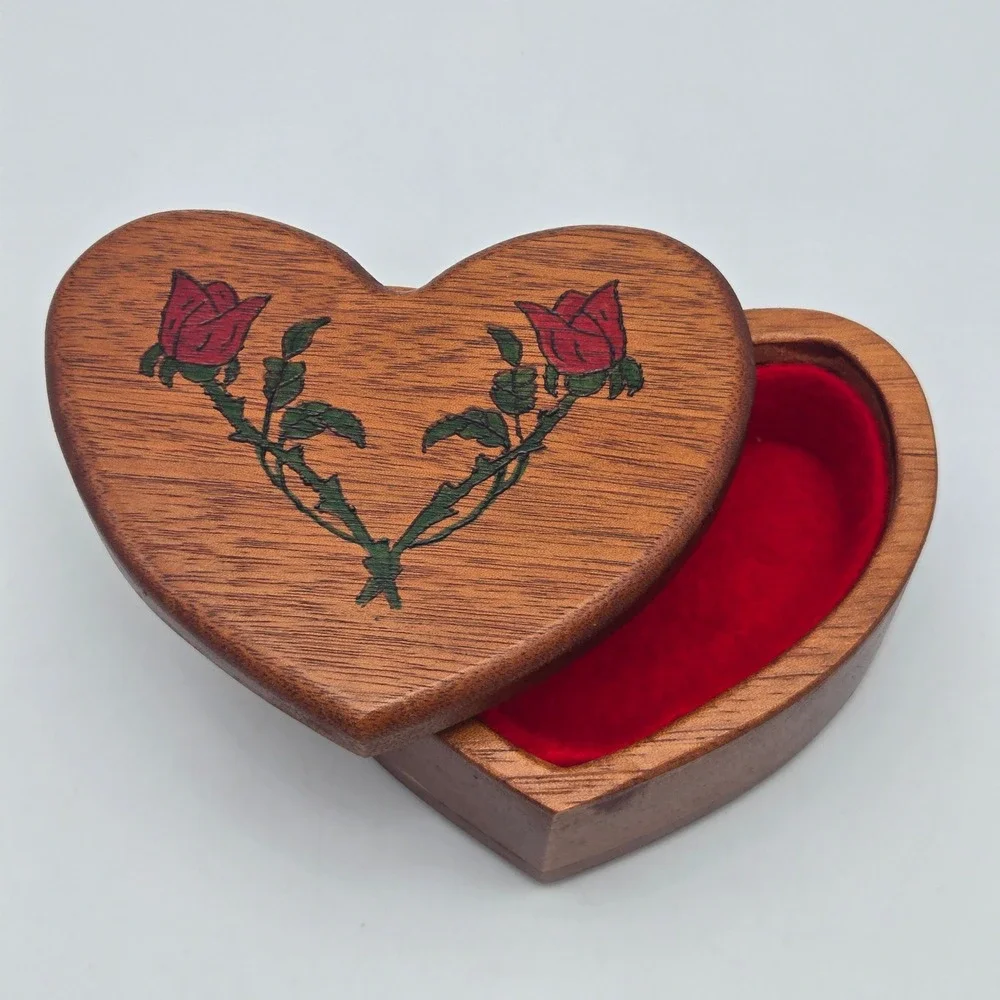 Vintage Handmade Heart Shaped Wood Trinket Box Rose Details Felt Lined Cottage